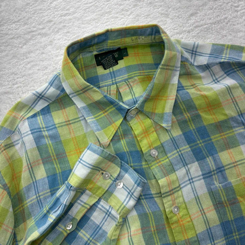 J. Crew Oarsman Mens Large 100% Linen Plaid Button Down Shirt Green Long Sleeve